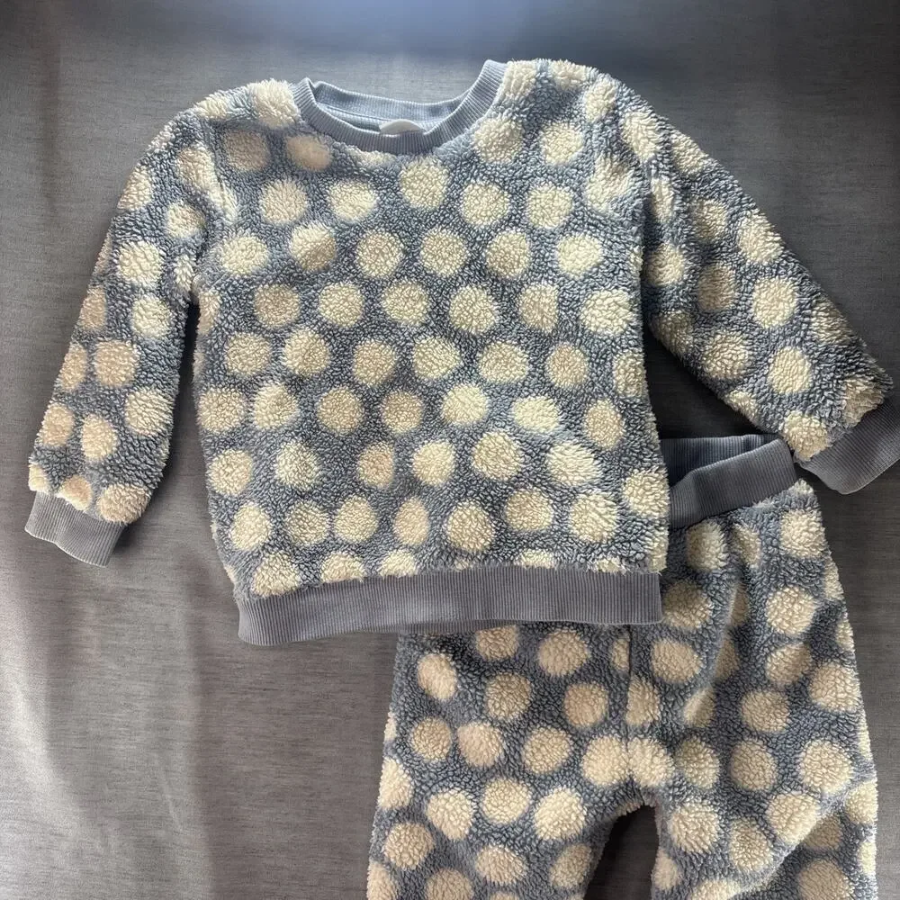 Hanna Andersson 3T Blue White/Cream Polka Dot Fleece‎ 2pc Outfit Set Pants Fuzzy